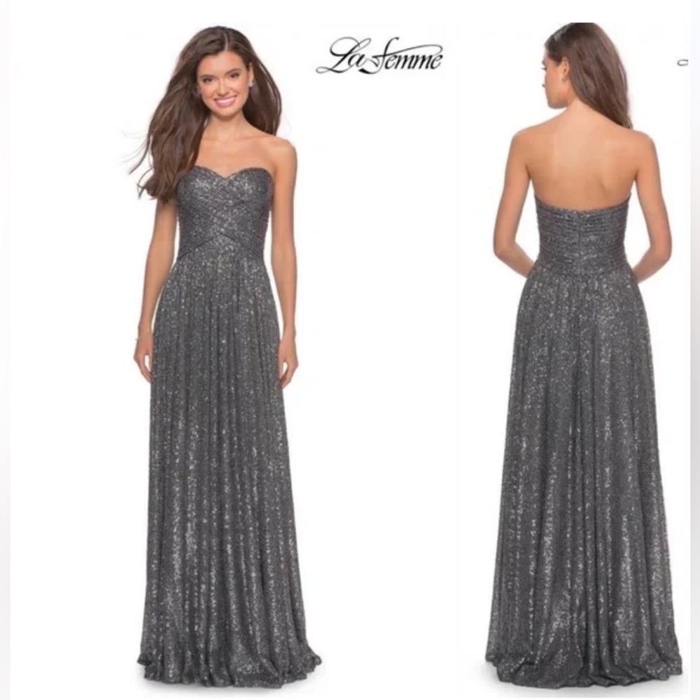 La Femme - Gunmetal Sequin Prom Dress